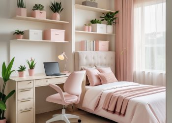 Home office integrado ao quarto feminino moderno