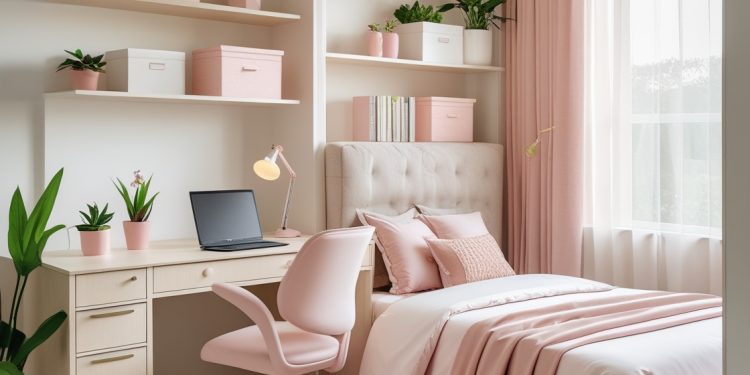 Home office integrado ao quarto feminino moderno