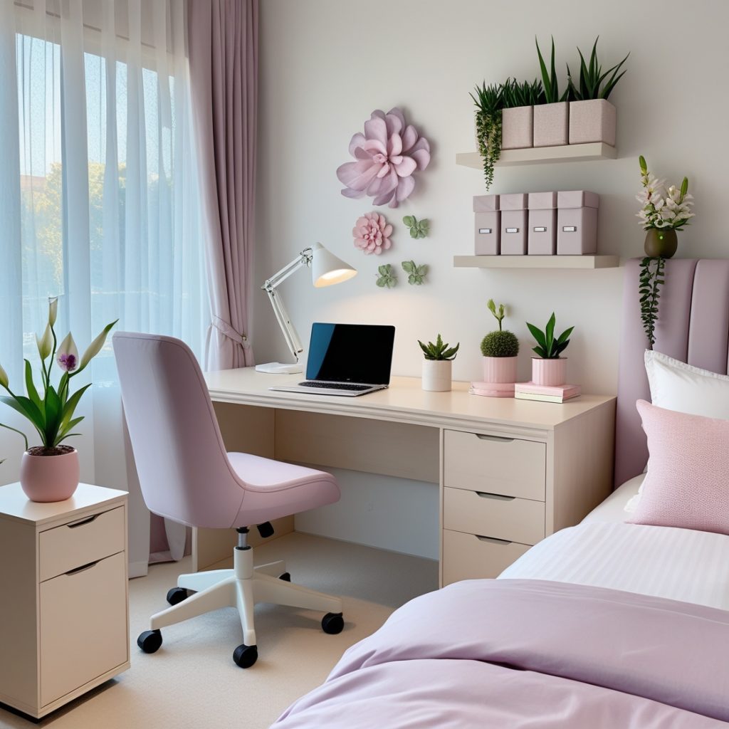 Home office integrado ao quarto feminino moderno 