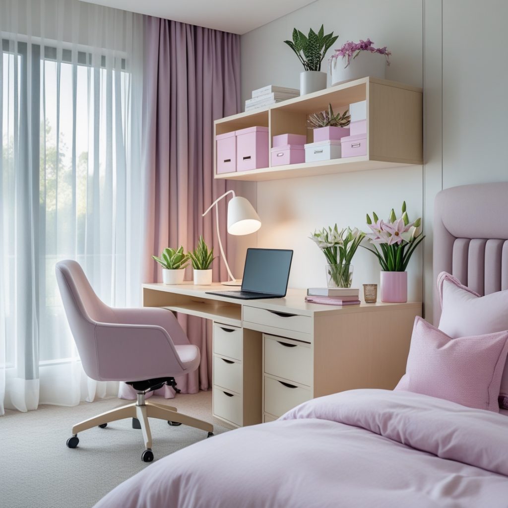 Home office integrado ao quarto feminino moderno