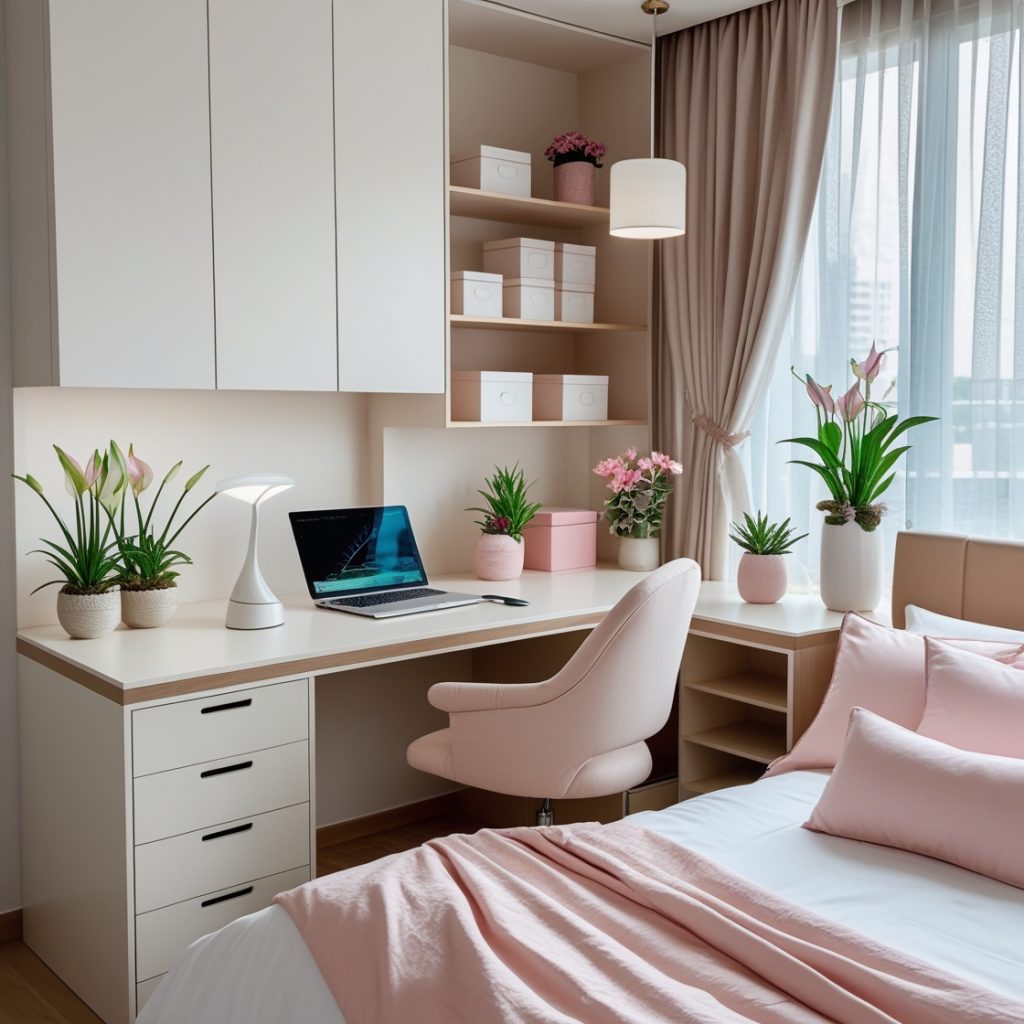 Home office integrado ao quarto feminino moderno