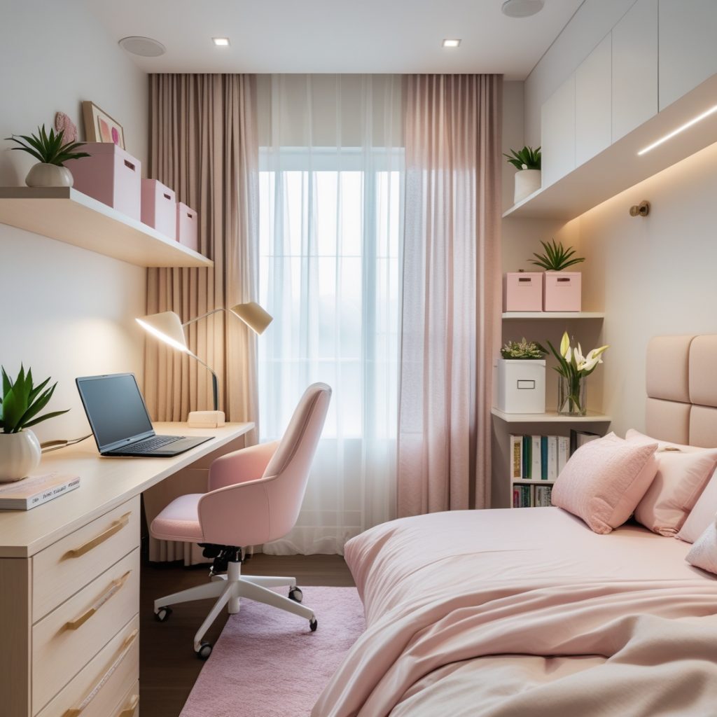 Home office integrado ao quarto feminino moderno (