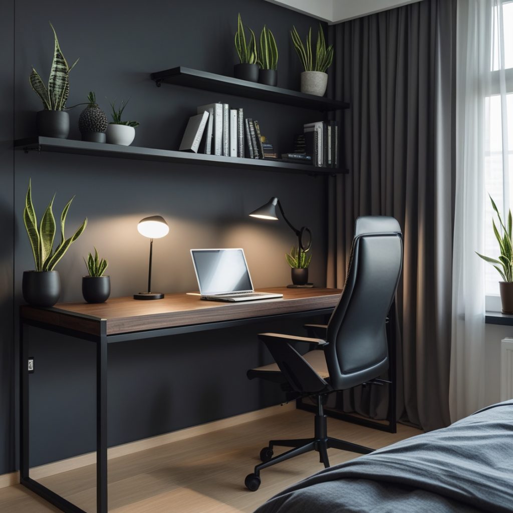 Home office integrado ao quarto masculino moderno 