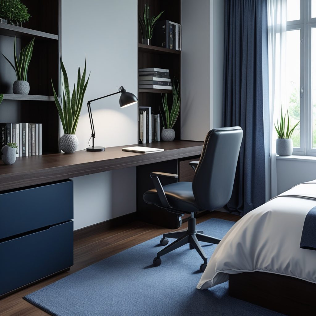 Home office integrado ao quarto masculino moderno 