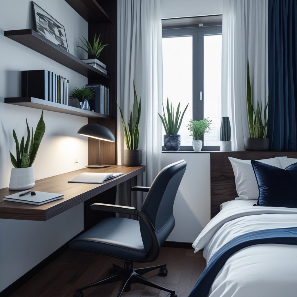 Home office integrado ao quarto masculino moderno