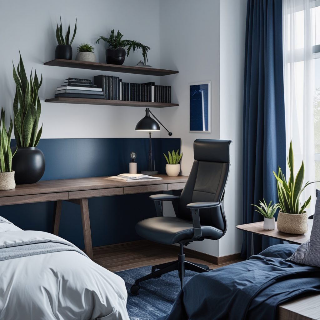 Home office integrado ao quarto masculino moderno