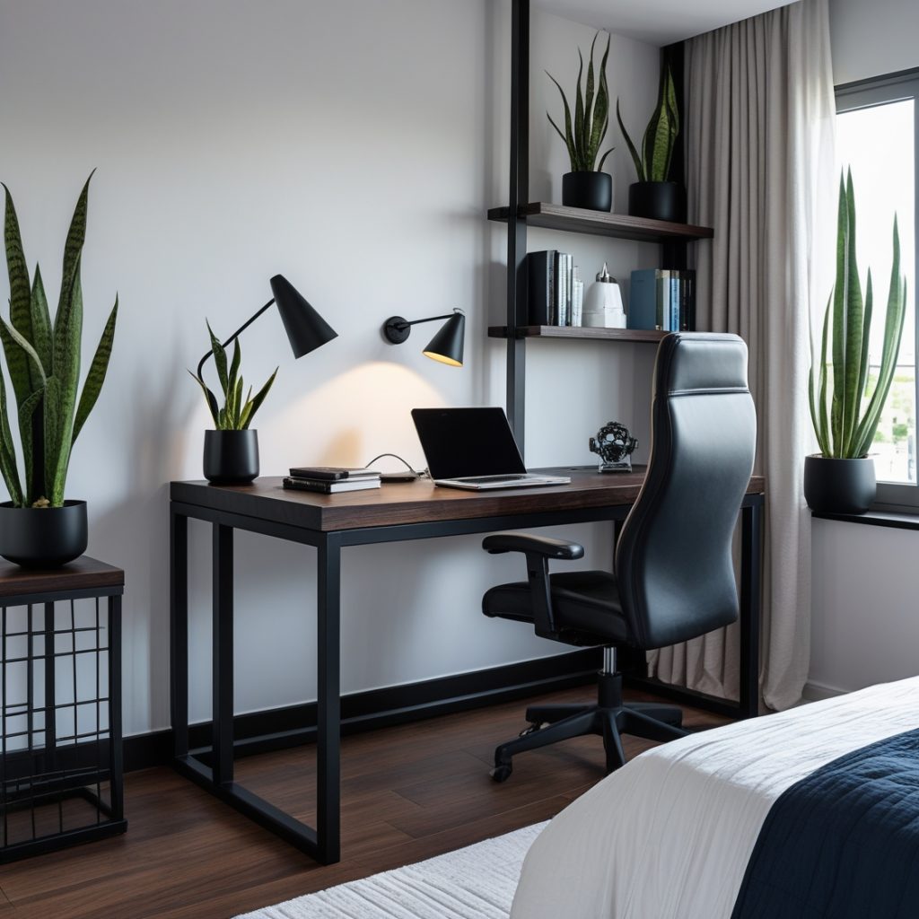 Home office integrado ao quarto masculino moderno (