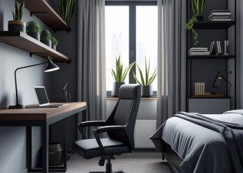 Home office integrado ao quarto masculino moderno