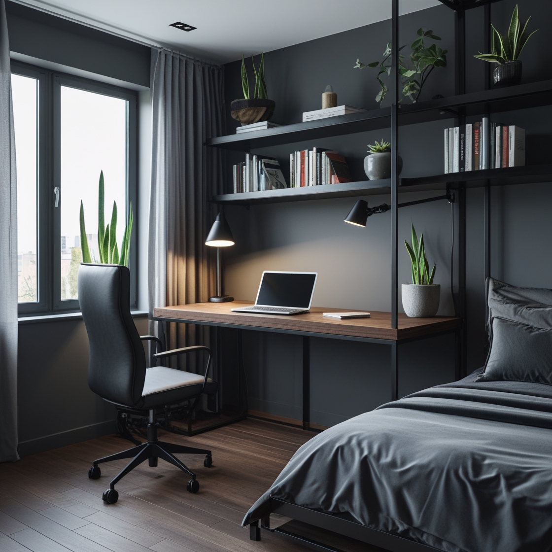 Home office integrado ao quarto masculino moderno (