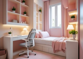 Quarto moderno feminino para estudantes