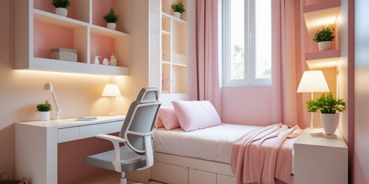 Quarto moderno feminino para estudantes