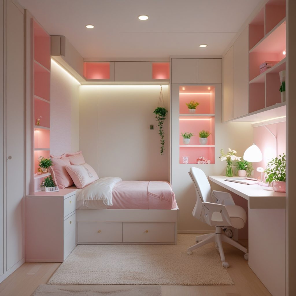 Quarto moderno feminino para estudantes 