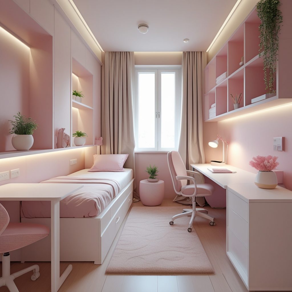 Quarto moderno feminino para estudantes 