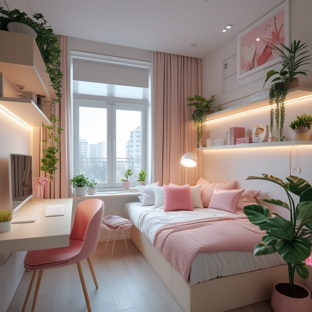 Quarto moderno feminino para estudantes