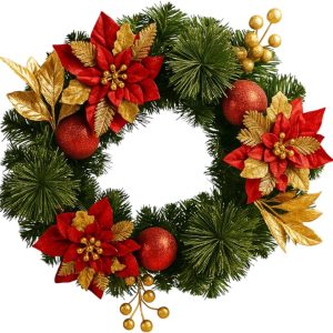 Guirlanda de Natal com Enfeites Flores 40cm Decoração Luxo (Vermelha e Dourada)