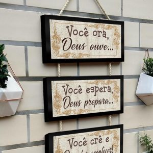 Kit 3 Quadros Decorativos com Molduras Pretas e Cordas, Frases Inspiradoras em Português (Ora 2)
