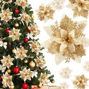Decoração de flores de Natal de poinsétia - 12 peças de enfeites de árvore de Natal de poinsétia de ouro vermelho artificial com glitter para Natal, Ano Novo, guirlanda de casamento DIY (ouro)