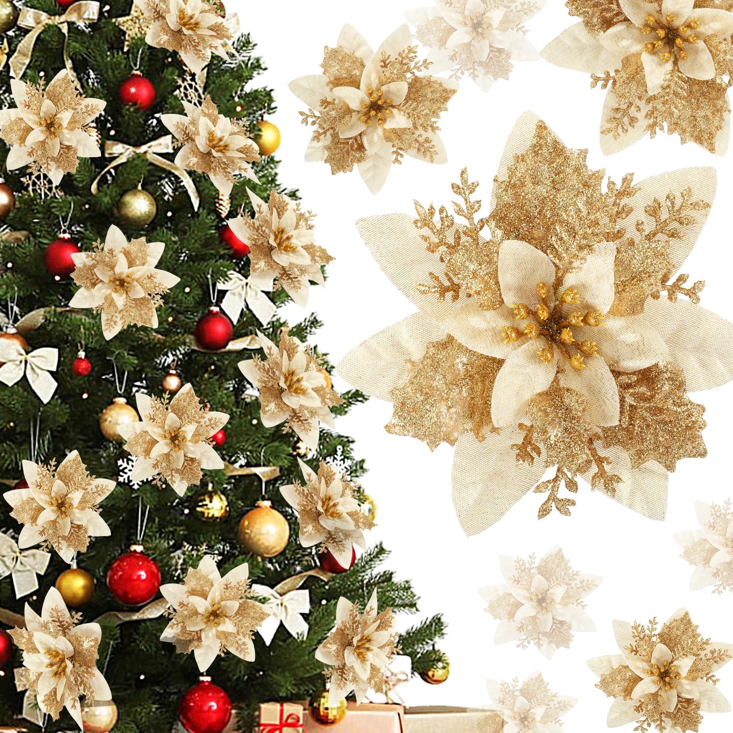 Decoração de flores de Natal de poinsétia - 12 peças de enfeites de árvore de Natal de poinsétia de ouro vermelho artificial com glitter para Natal, Ano Novo, guirlanda de casamento DIY (ouro)