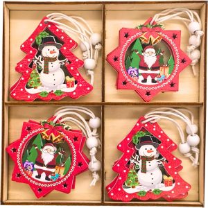 Kit 12 Pingentes Natalinos em Madeira – Enfeites Decorativos para Árvore de Natal, Porta, Janelas e Guirlandas – Ornamentos de Papai Noel, Boneco de Neve, Renas e Árvores (12 Pçs Multicolor 2)