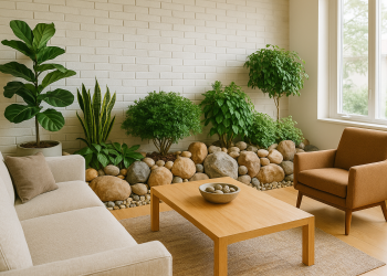 decoração com plantas e pedras naturais