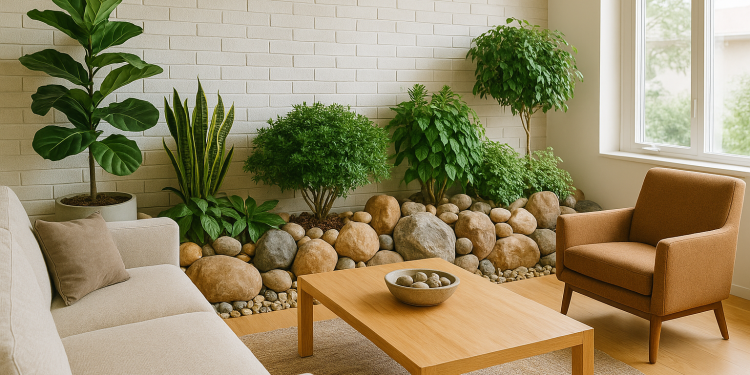 decoração com plantas e pedras naturais