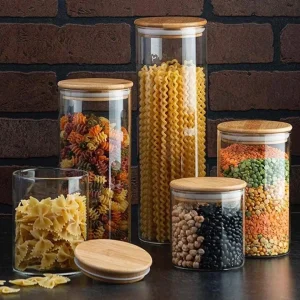 5 Potes de vidro com tampa de bambu, pote de 250ml, 650ml, 950ml, 1.8ml e 2 Litros